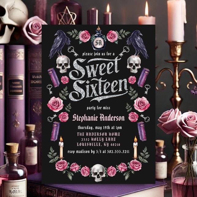Invitation Dark Academia Gothique Fleurs Argentées Sweet 16 (Créateur téléchargé)