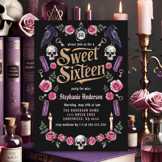 Invitation Dark Academia gothique or floral Sweet 16 (Créateur téléchargé)