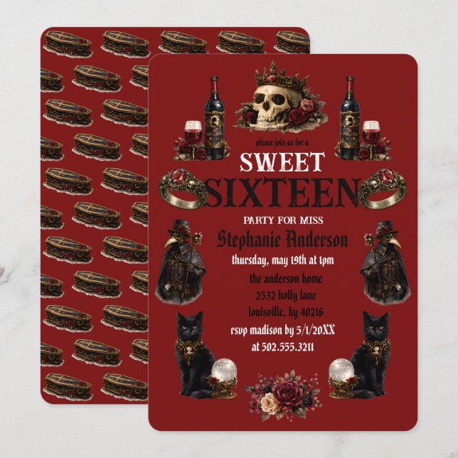 Invitation Dark Academia gothique Sweet 16 (Devant / Derrière)