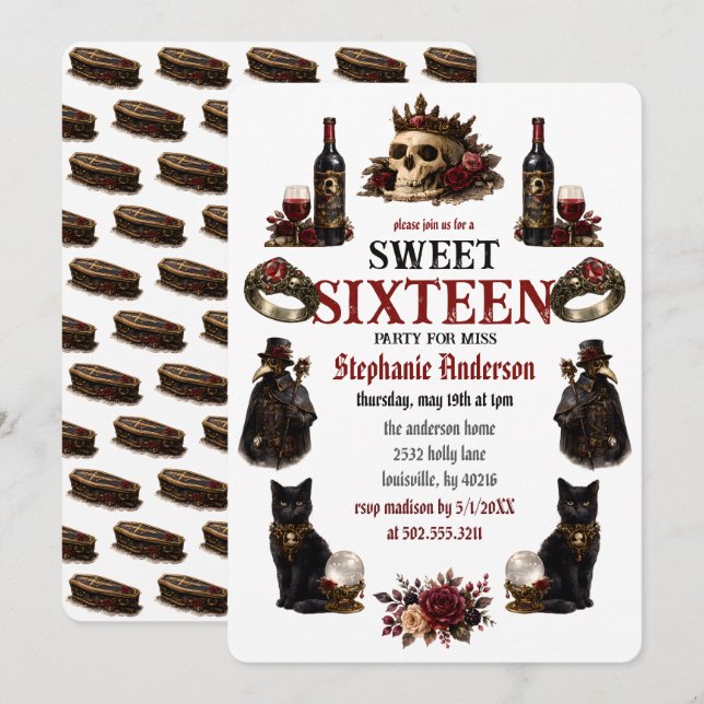 Invitation Dark Academia Gothique Sweet 16 (Devant / Derrière)