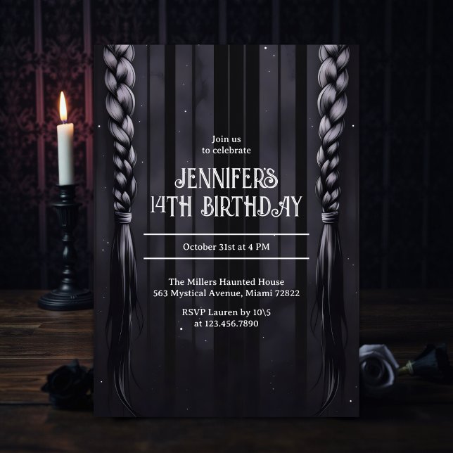 Invitation Dark Academia Vibes Braids gothiques Ado Anniversa (Gothic Braids Teen Birthday – Dark Academia Black & Gray (Age Editable))