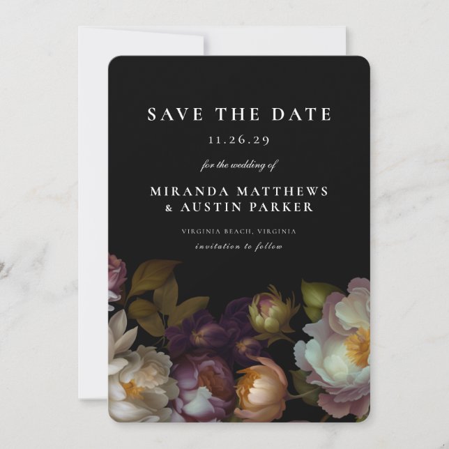 Invitation Dark and Moody Gothic Dark Floral Black Sauvez (Devant)