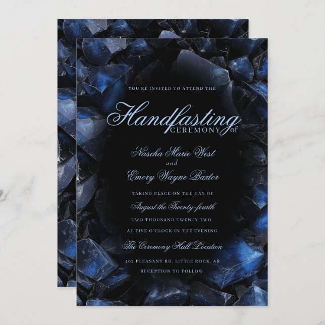 Invitation Dark Blue Boho Witch Crystals Black Handfasting (Devant / Derrière)