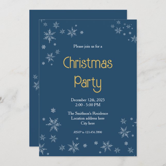 Invitation Dark Blue & White Snowflakes 5"x7" Christmas Party (Devant / Derrière)