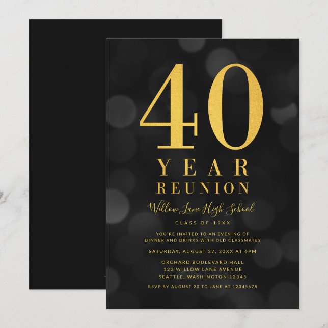 Invitation Dark Bokeh Lights 40 Année Classe Réunion (Devant / Derrière)