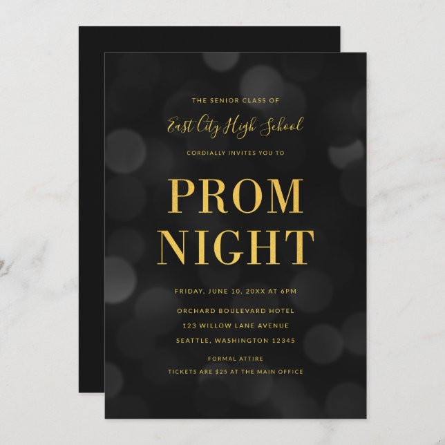 Invitation Dark Bokeh Lights Faux Gold High School Prom (Devant / Derrière)