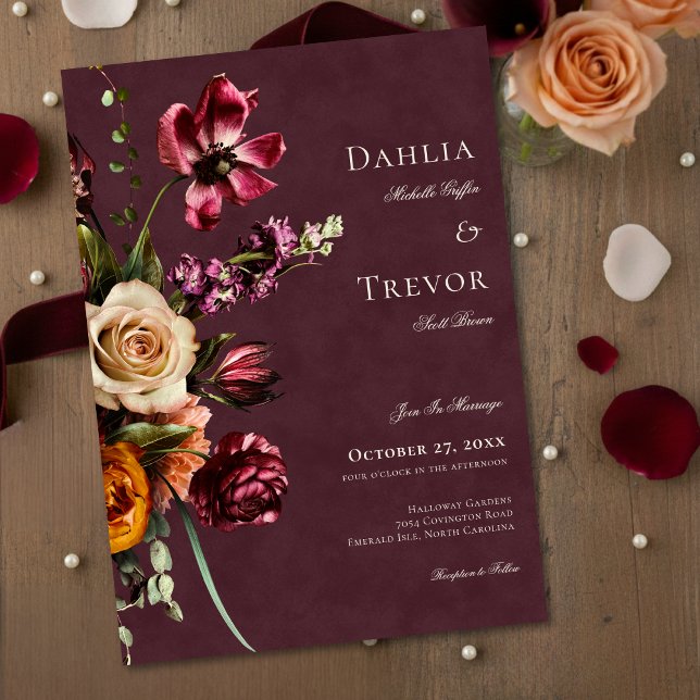 Invitation Dark Elegant Autumn Floral Burgundy Wedding (Dark Elegant Autumn Floral Burgundy Wedding Invitation)