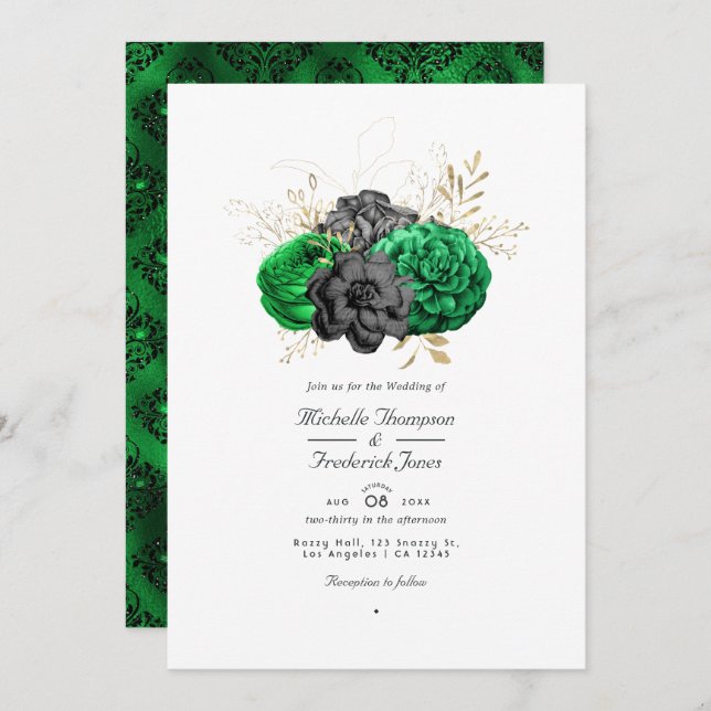 Invitation Dark Emerald et Gold Floral QR Code RSVP Mariage (Devant / Derrière)