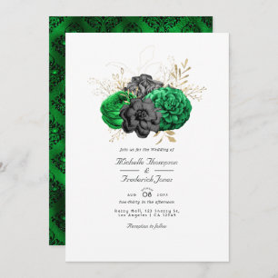 Invitation Dark Emerald et Gold Floral QR Code RSVP Mariage