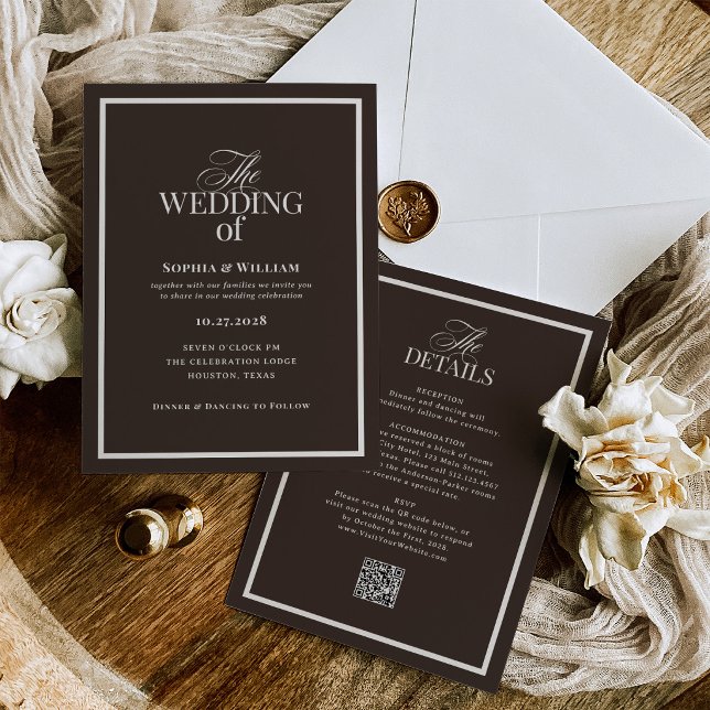 Invitation Dark Espresso Brun | Luxe RSVP QR Code Mariage (Créateur téléchargé)