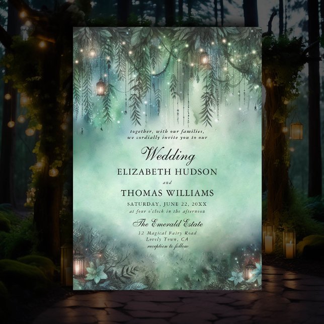 Invitation Dark Fairytale Mariage Enchanted Forest Thème (dark fairytale wedding invitation enchanted forest theme emerald green magic fairy lights greenery)