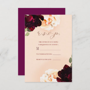 Invitation Dark Floral Marsala Peach Rose Gold Réponse R.S.V.