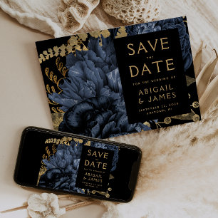 Invitation Dark Floral Navy Blue Gold Wedding Enregistrer la