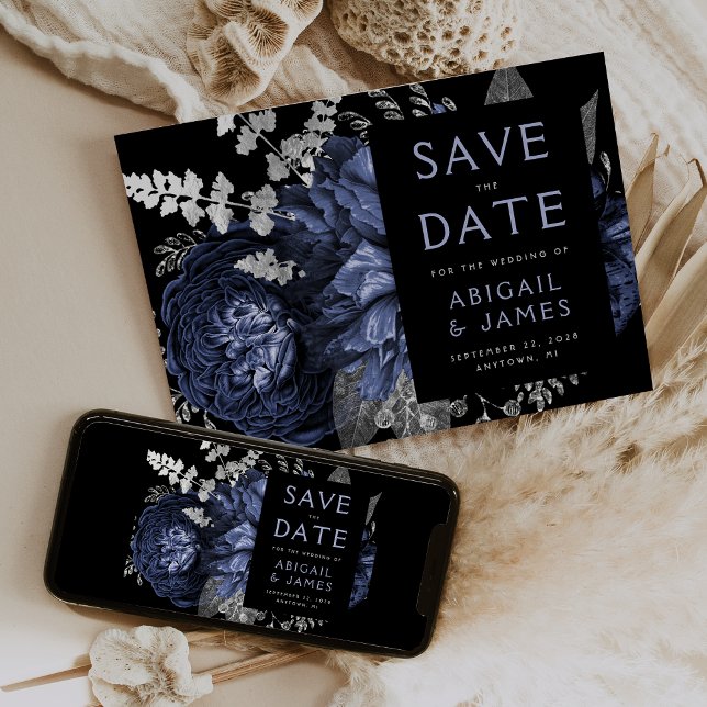 Invitation Dark Floral Navy Blue Silver Wedding Enregistrer l (Créateur téléchargé)