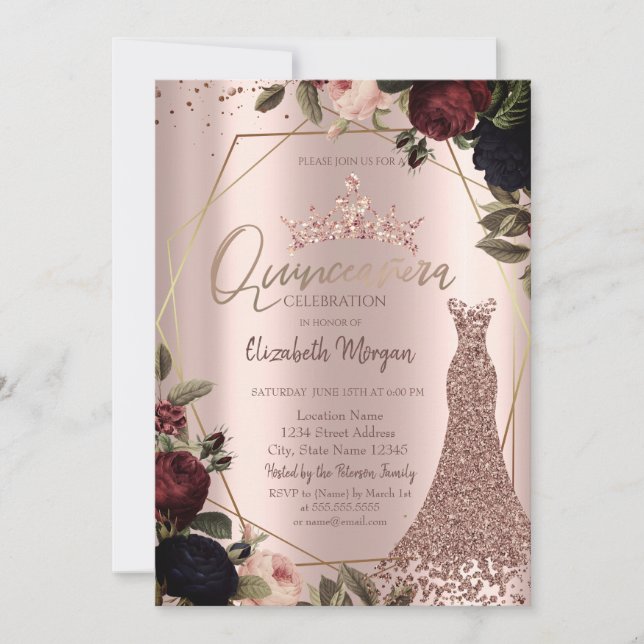 Invitation Dark Flowers Crown Rose Gold Dress Quinceañera   (Devant)