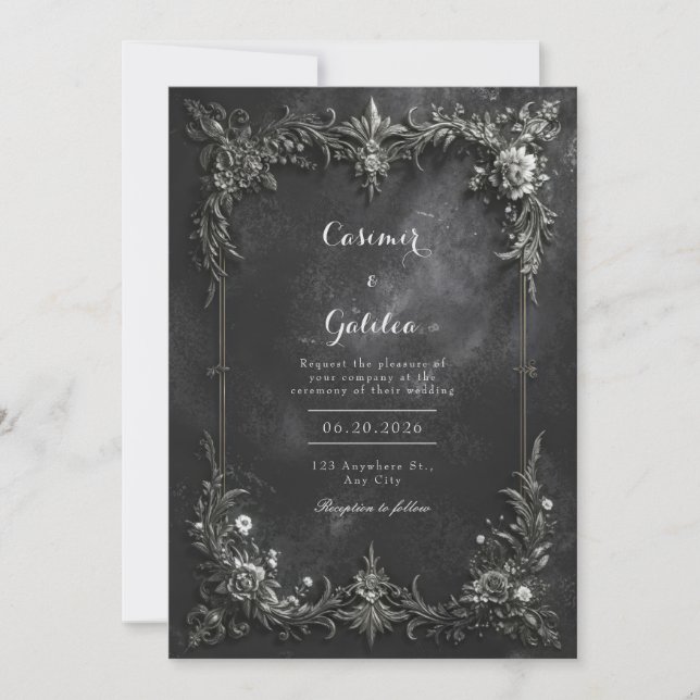 Invitation Dark Gothic Black & Silver Metallic Floral Wedding (Devant)