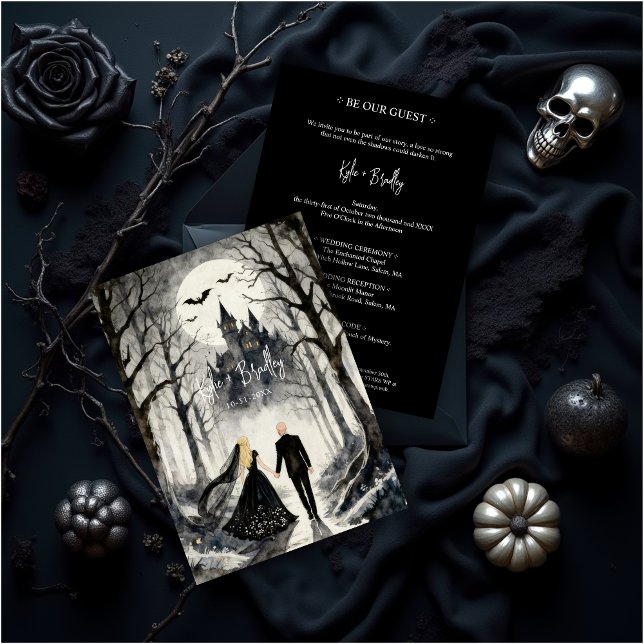Invitation Dark Gothic Forest Wedding Couple Haunted Castle (Dark Gothic Forest Wedding Couple Haunted Castle Invitation Card Design.)