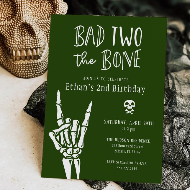 Invitation Dark Green Bad Deux The Bone 2nd Birthday Party (Créateur téléchargé)