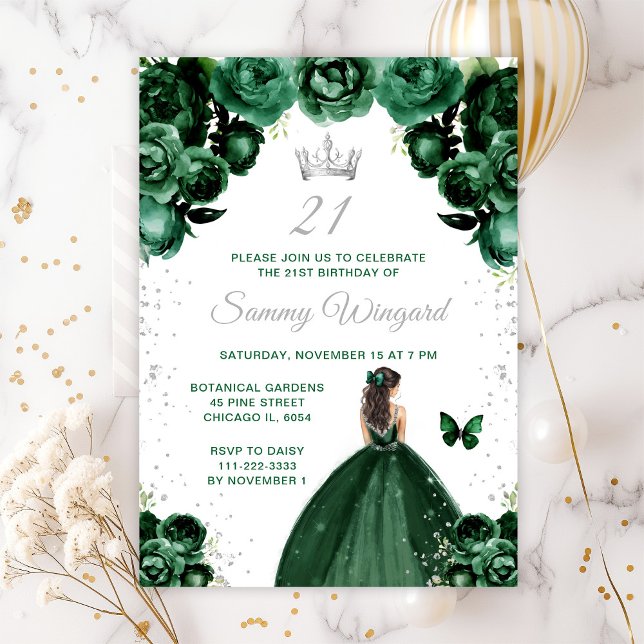Invitation Dark Green Brunette Cheveux Princesse Anniversaire (Créateur téléchargé)