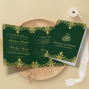 Invitation Dark Green et Gold Foil Damask Mariage islamique