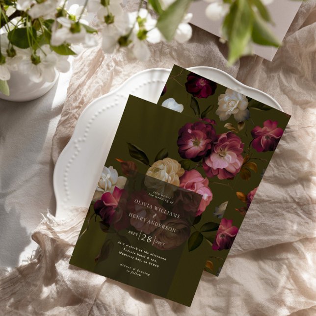 Invitation Dark Green Floral Moody Black Elegant Romantic (Créateur téléchargé)