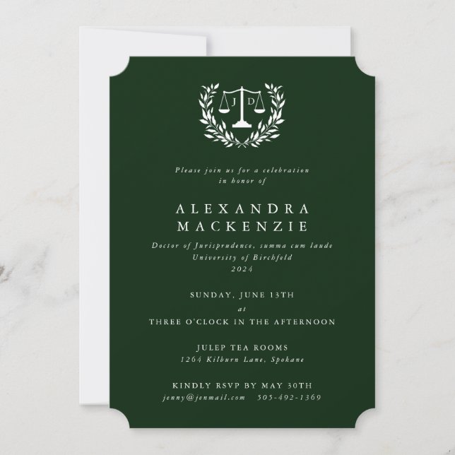 Invitation Dark Green JD Law Scales Laurel Wreath Graduation (Devant)