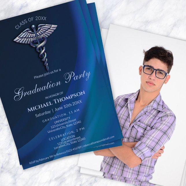 Invitation Dark Holographic Blue Medical Graduation | Photo (Créateur téléchargé)