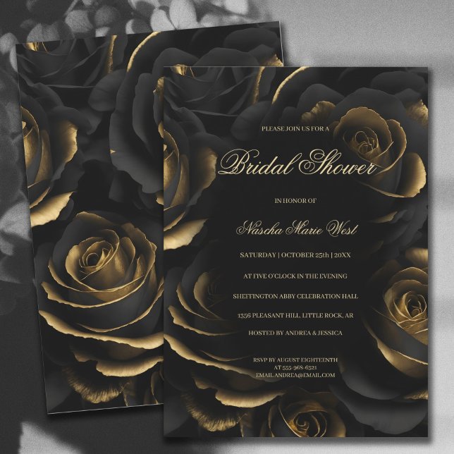 Invitation Dark Moody Black & Gold Rose Fête des mariées goth (Créateur téléchargé)