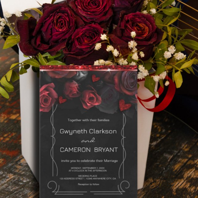 Invitation Dark Moody Black Red Florals (#zazzlemade #darkred #christmas #happynewyear #redflowersinvitation)