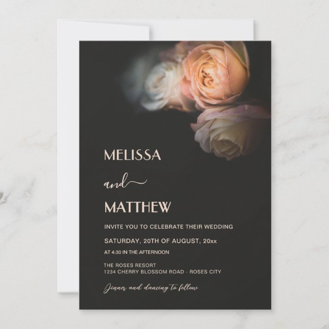 Invitation Dark Moody Blush Apricot Roses Wedding (Devant)