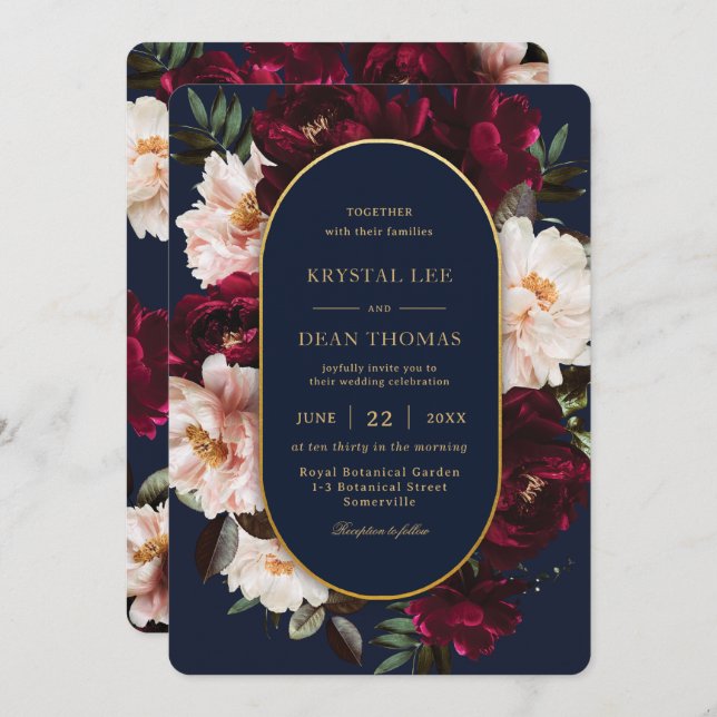 Invitation Dark Moody Burgundy Blush Navy Blue Floral Wedding (Devant / Derrière)