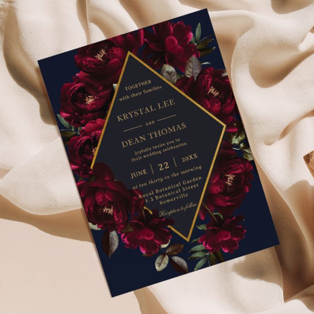 Invitation Dark Moody Burgundy Navy Blue Floral Mariage (Créateur téléchargé)