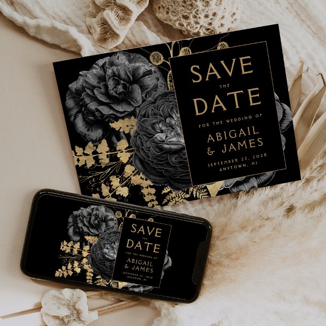 Invitation Dark Moody Floral Black Gold Wedding Enregistrer l (Créateur téléchargé)