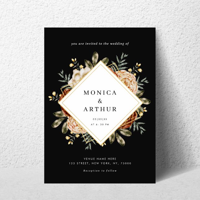 Invitation Dark Moody Floral & Gold Frame QR Code Mariage (Créateur téléchargé)