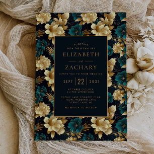 Invitation Dark Moody Floral Turquoise or ivoire noir Mariage
