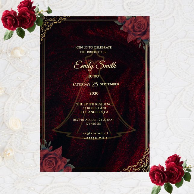 Invitation Dark Moody Gothic Red Roses Elegant Bridal Shower (Créateur téléchargé)
