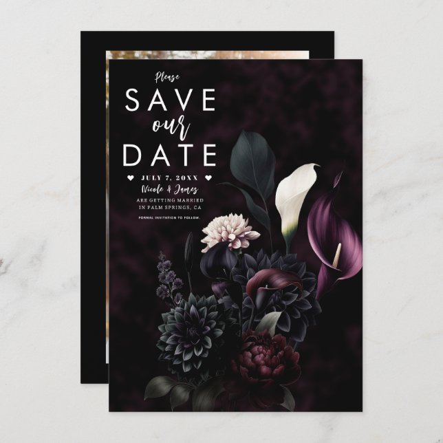 Invitation Dark Moody Mariage floral romantique Enregistrer l (Devant / Derrière)