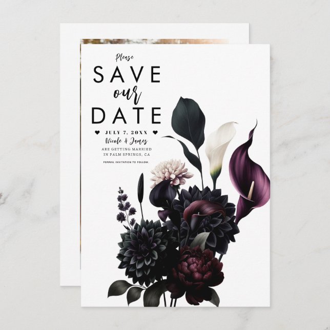 Invitation Dark Moody Mariage floral romantique Enregistrer l (Devant / Derrière)