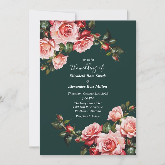 Invitation Dark moody pink and red roses green wedding (Devant)