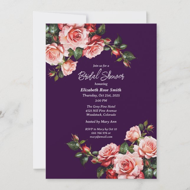 Invitation Dark moody pink and red roses purple bridal shower (Devant)