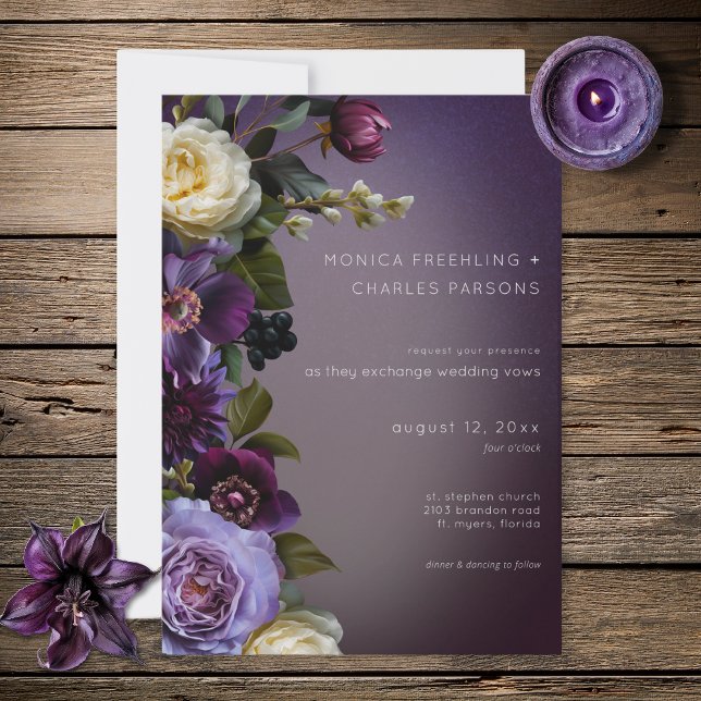 Invitation Dark Moody Purple Lavender Floral Modern Wedding (Dark Moody Purple Lavender Floral Modern Wedding Invitation)