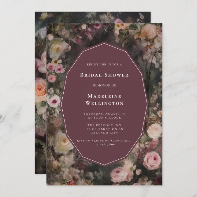 Invitation Dark Moody Romantic Floral Mariage Fête des mariée (Devant / Derrière)