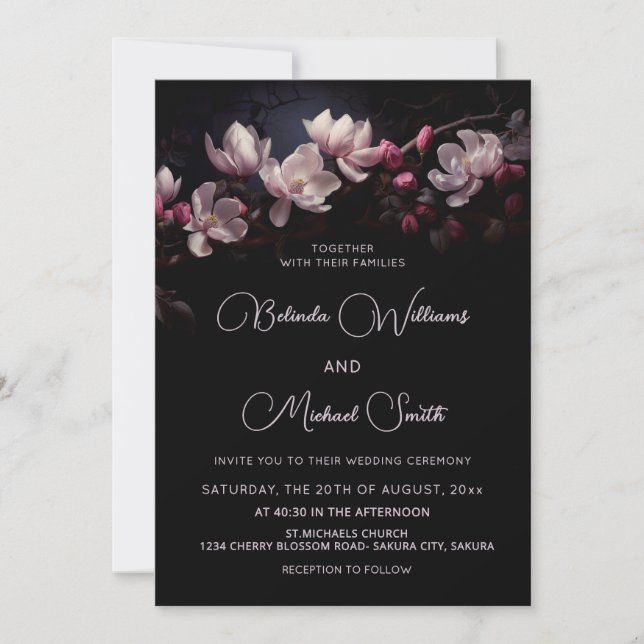 Invitation Dark  Moody Romantic Magnolia Flowers (Devant)