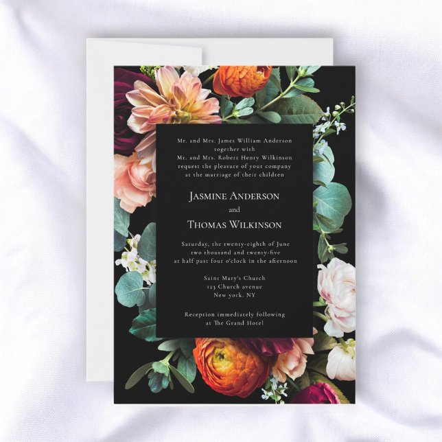 Invitation Dark moody romantique hollandais floral traditionn (traditional text where both parents help , moody romantic dutch florals wedding invitation)