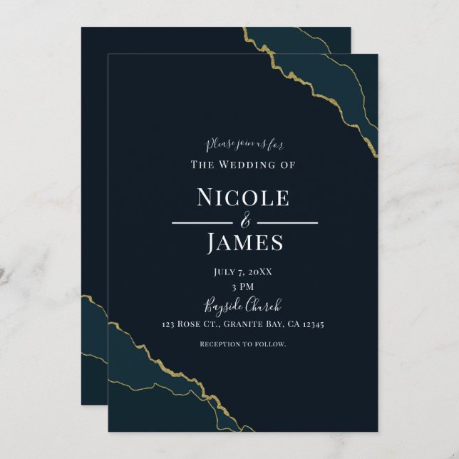 Invitation Dark Navy Blue & Gold Modern Mariage élégant (Devant / Derrière)