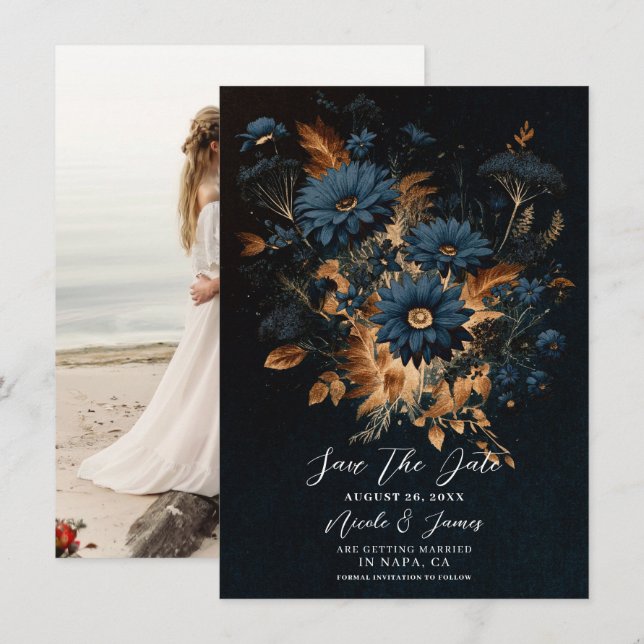 Invitation Dark Navy Blue Gold Rustic Glam Boho Enregistrer l (Devant / Derrière)