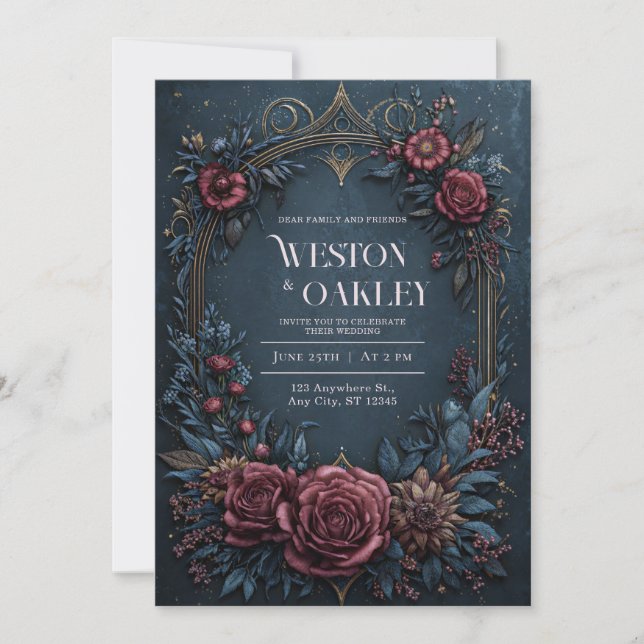 Invitation Dark Navy Burgundy Floral Antique Gold Wedding (Devant)