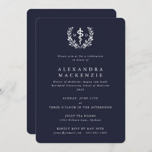 Invitation Dark Navy MD Asclepius + Laurel Wreath Graduation