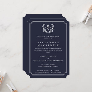 Invitation Dark Navy MD Asclepius + Laurel Wreath Graduation