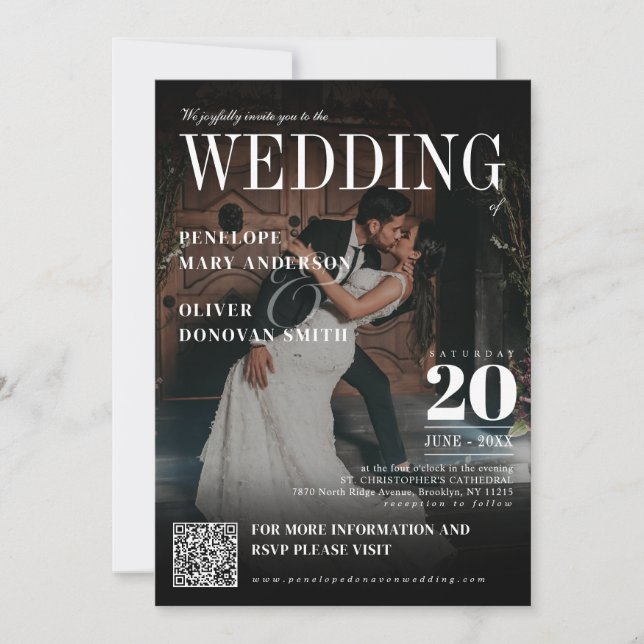 Invitation Dark Photo Magazine QR Code Elegant Boho Mariage (Devant)